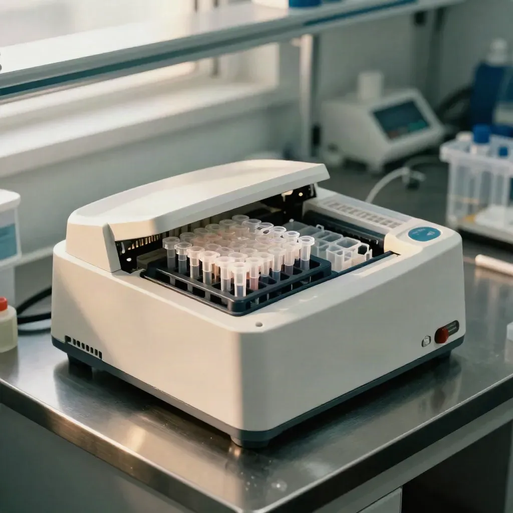 Loaded thermal cycler with strip tubes, control vials and tip boxes on a sterile steel bench.