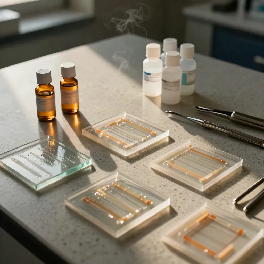 Assay plates, reagent vials and a gel tray on a travertine lab bench.