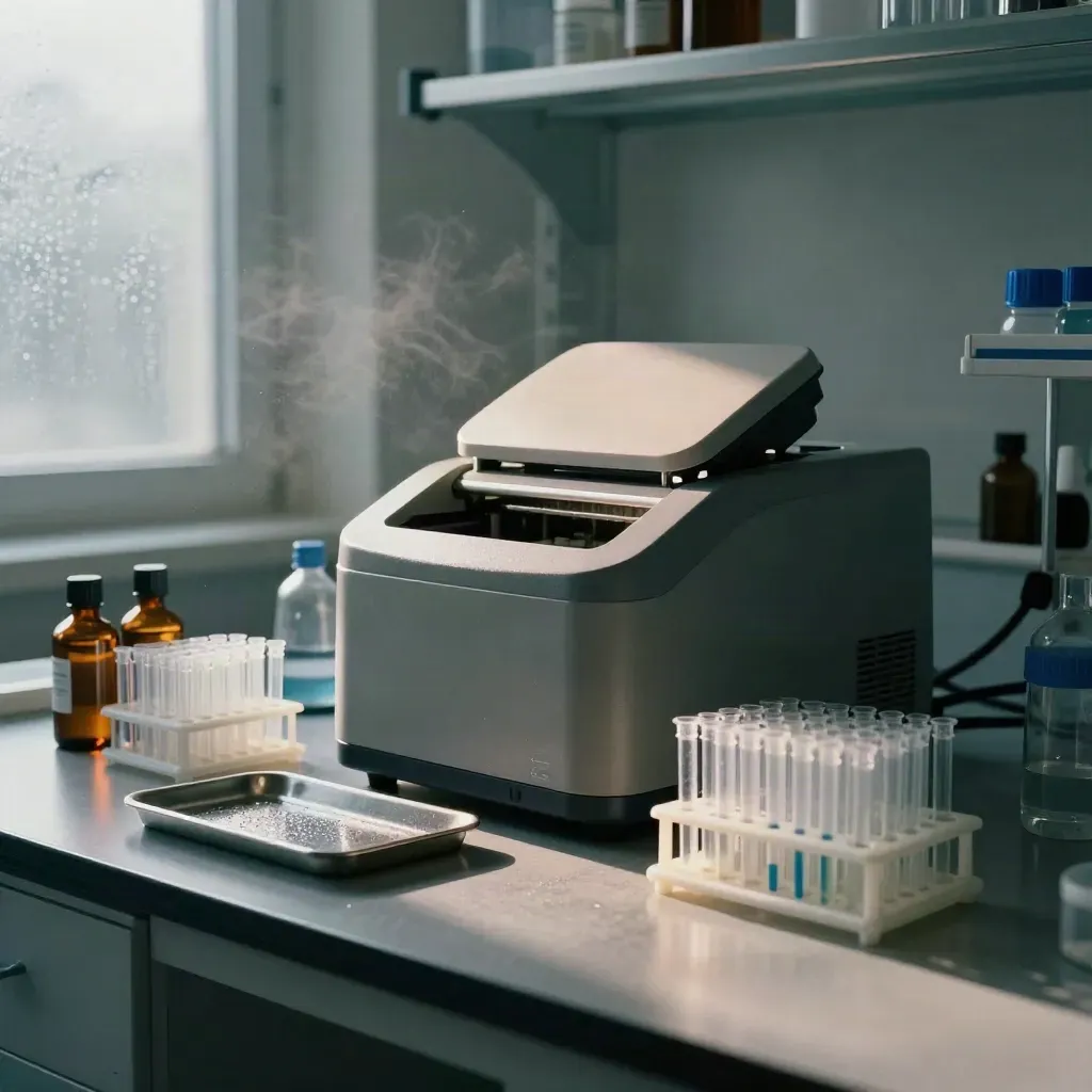 Molecular diagnostics bench with cycler, tip rack, microtubes and steel tray in moody lab light