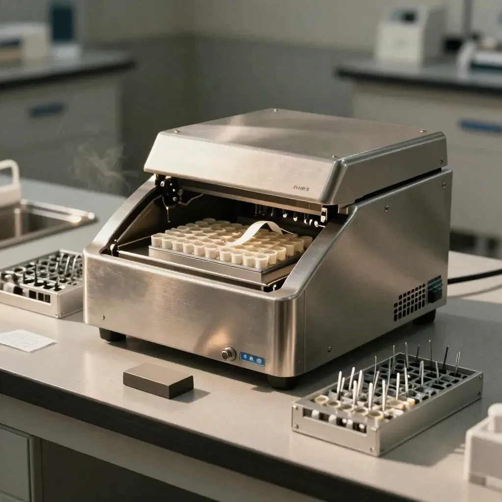 Completed PCR station with loaded plate, control racks and calibration block on a steel lab bench