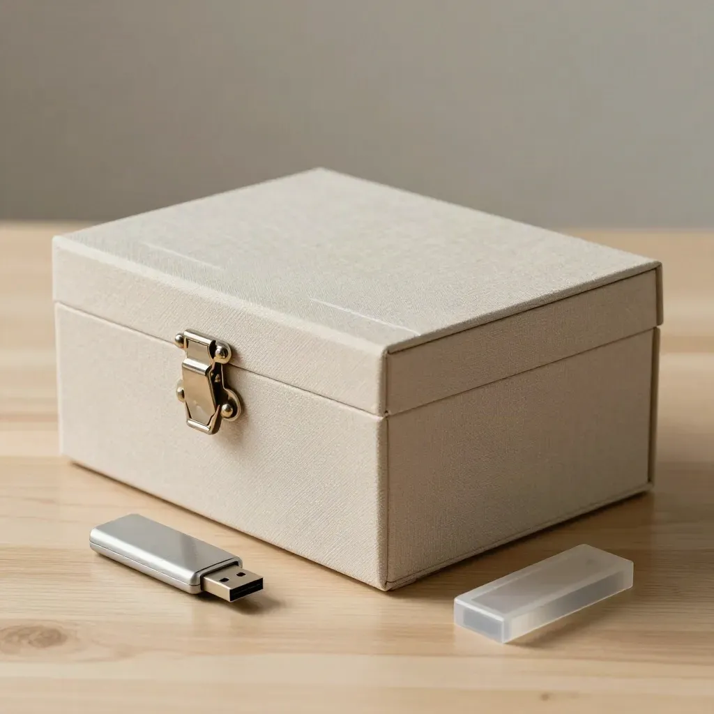 Sealed biotech archive box with USB drive and validation block on pale wood