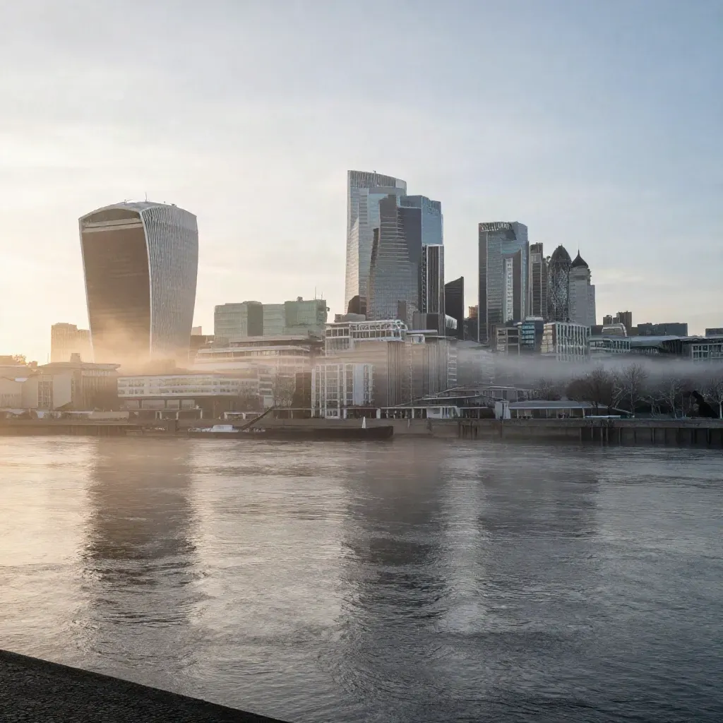 Thames skyline and Canary Wharf emerging through dawn mist above a calm river