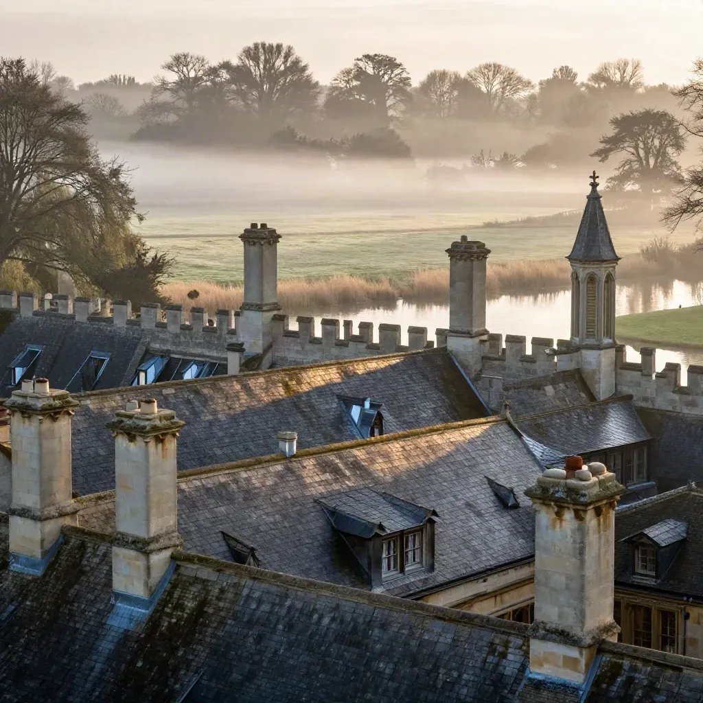 Misty Cambridge rooftops above the Backs at golden hour, with calm open water and haze below.